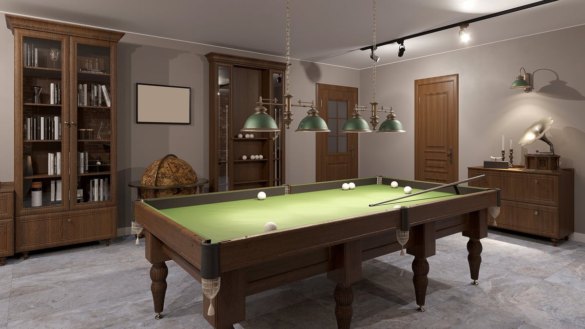 Billiard room in grey beige pastel with green table curved legs wooden classic cabinets, retro vintage style 3D render. Cozy interior design