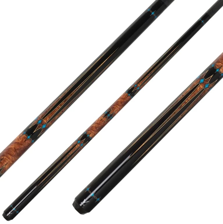 Three billiard cues displayed diagonally: one with wood grain wrap and blue accents, one black with wood handle, and one all-black with gold stripes