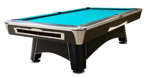 Professional pool table with turquoise felt, black frame, and silver accents on white background