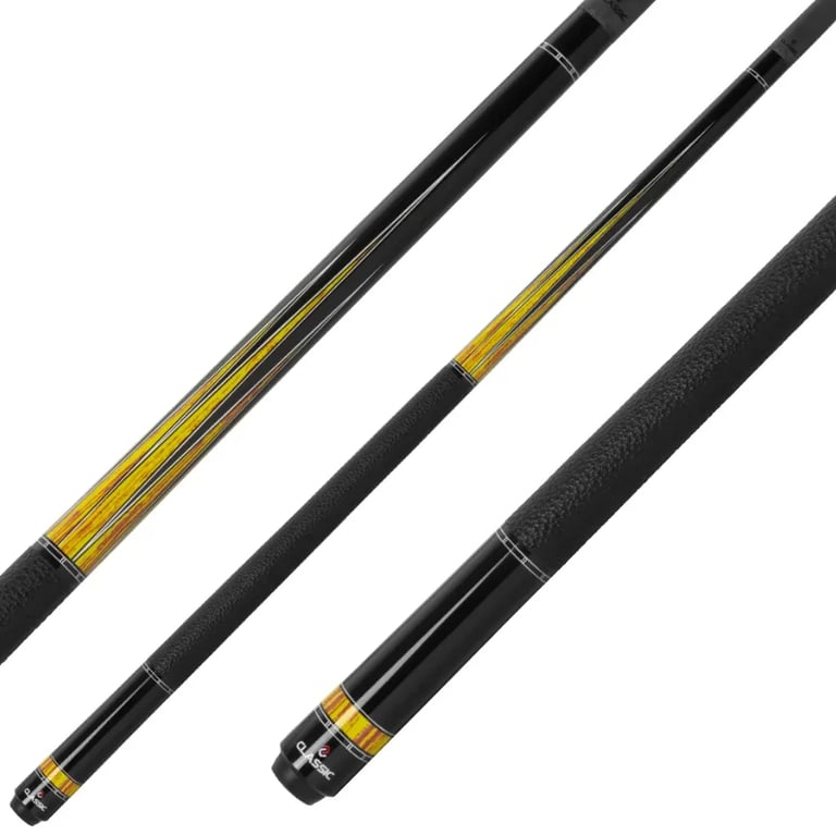 Three billiard cues displayed diagonally, featuring black shafts with gold/yellow accents and black grips