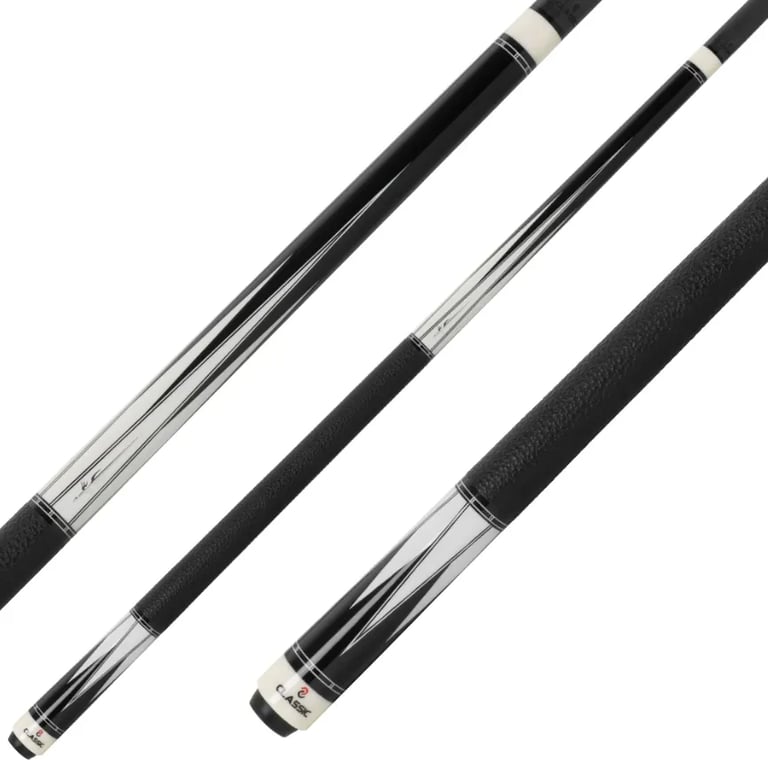 Three black and silver pool cues with rubber grips arranged diagonally on white background