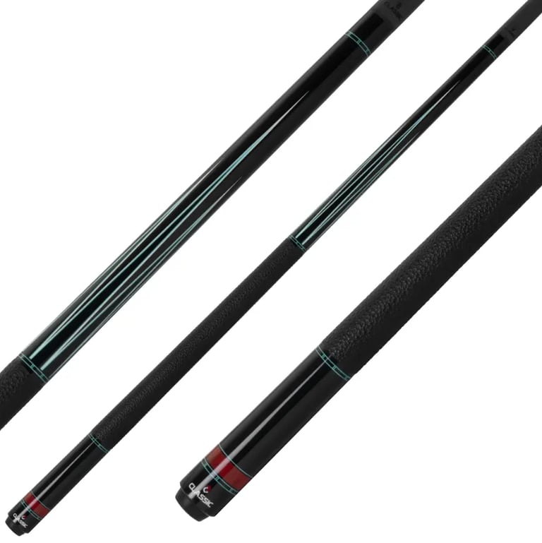 Three black billiard cues displayed diagonally with varying designs and grip wraps