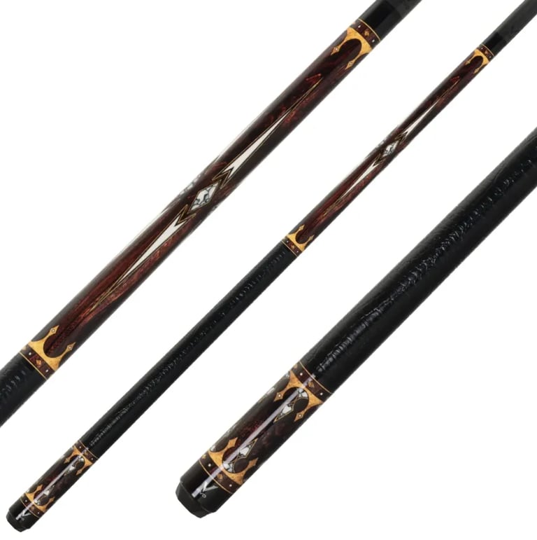Three billiard pool cues arranged diagonally, featuring wood and black finishes with brass accents and wrapping