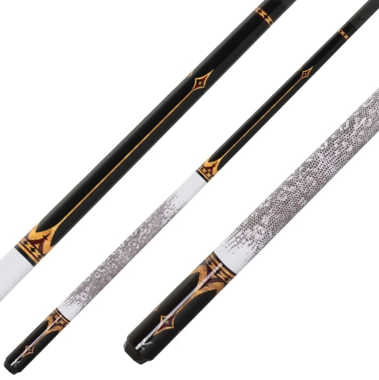 Three billiard cues with black shafts and decorative gold ferrules, displayed against a white background
