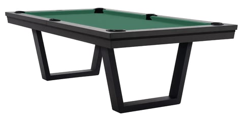 Modern black pool table with green felt surface and minimalist trapezoid-shaped legs